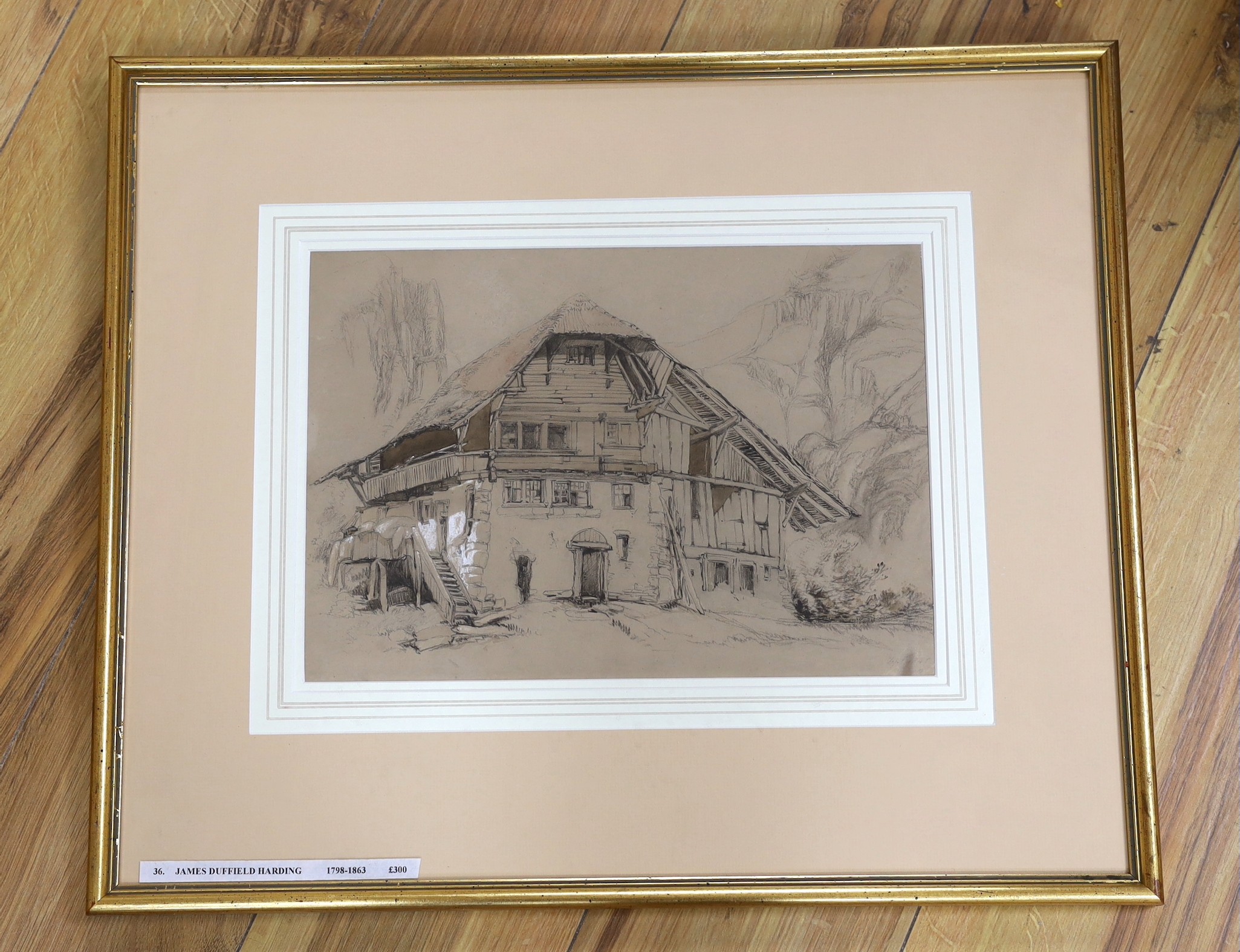 James Duffield Harding (1798-1863), pencil, ink and chalk, Study of a Swiss cottage, initialled and dated 1845, gallery label verso, 23 x 33cm